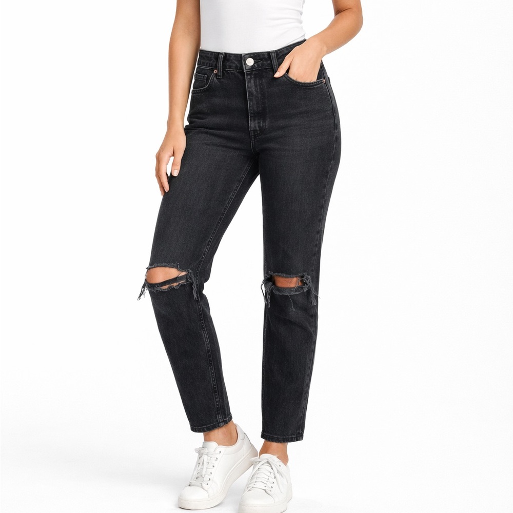 Bershka‎ High Waist Straight Leg Jeans Distressed Black Denim Women’s 6